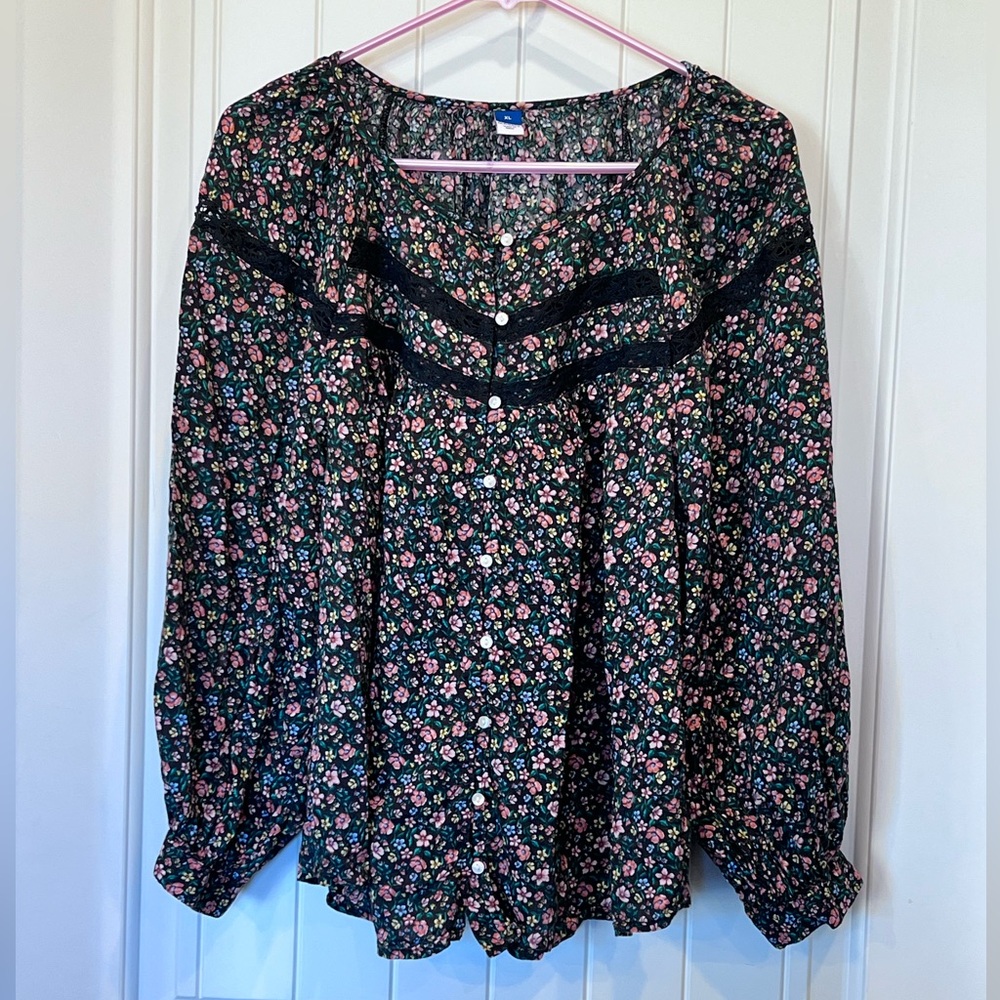Ditsy Floral Black Lace Button Down Peasant Top Boho Coquette Western Sz XL